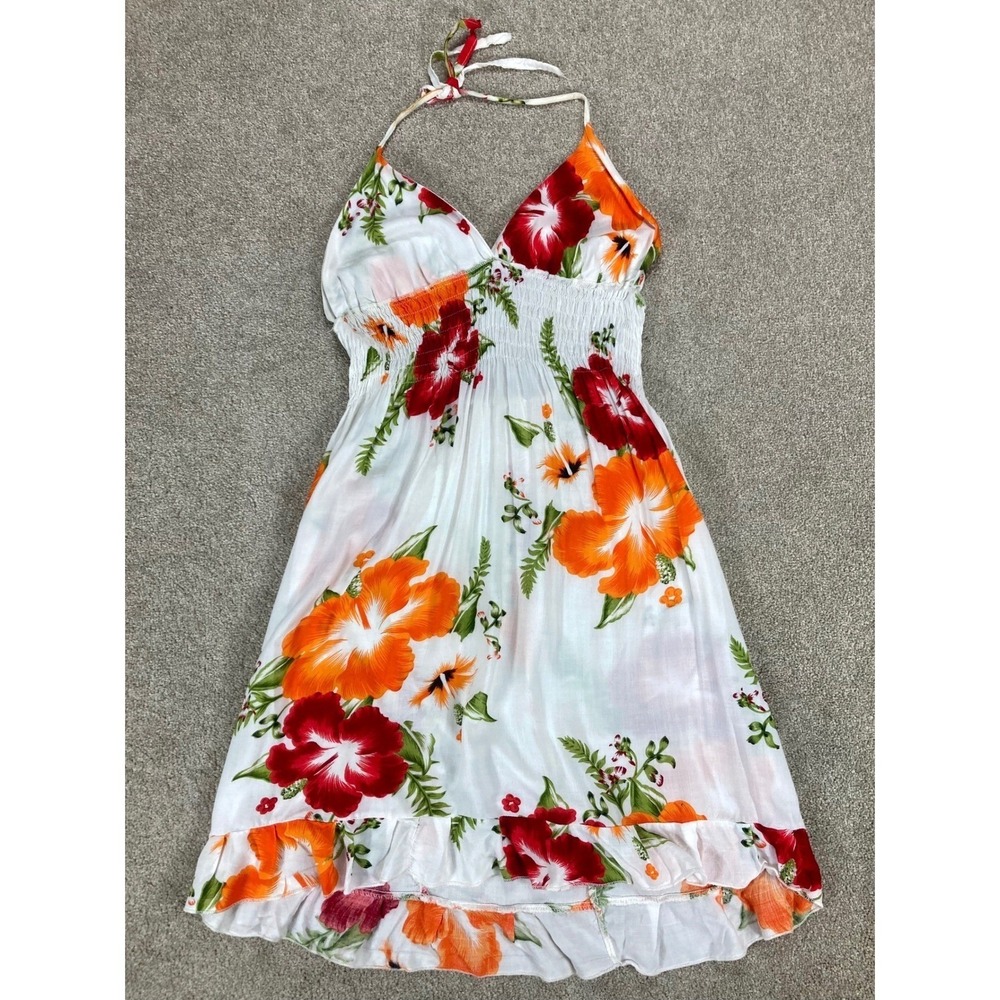 Tropical Floral Babydoll Halter Mini Dress Womens S White Summer Boho Beach Chic - Picture 2 of 7